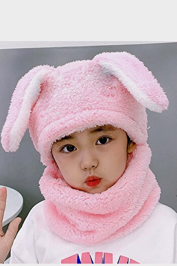 Leiste Rabbit Figured Children's Hooded Plush Beanie Scarf Neck Collar Windproof Eared Hat