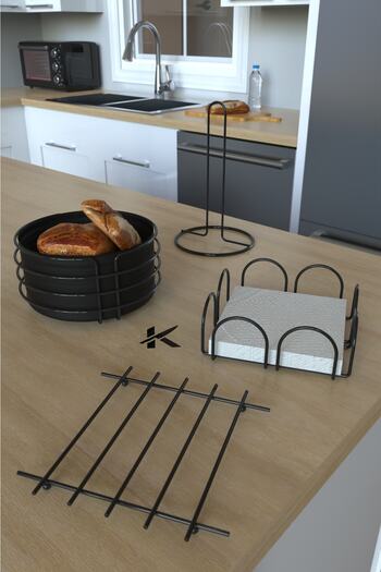 KARTEYA Presentation Set And Bread Rack Towel Holder Napkin Holder Trivet Bread Holder Black Full Glossy Stainless Kitchen Set of 4