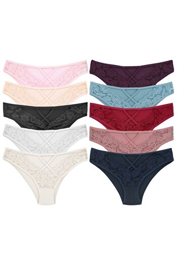 Zena Slip de damă din bumbac din 10 piese din dantelă în față și fereastră