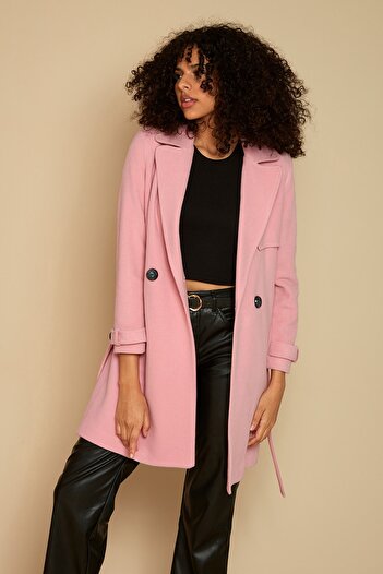 Select Moda Kadın Pembe Düğme Kapamalı Astarlı Kuşaklı Kaşe Kaban
