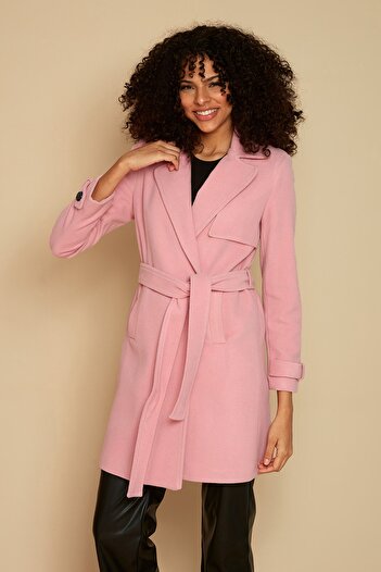 Select Moda Kadın Pembe Düğme Kapamalı Astarlı Kuşaklı Kaşe Kaban