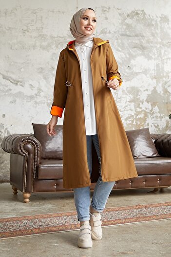 InStyle Drawstring Waist Hooded Neon Trench - Tan \ Orange