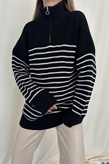 Eka Women's Black Fernuar Detail Striped Sweater 1014-3011