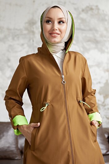 InStyle Neon Trench with Drawstring Waist Hooded - Tan \ Green