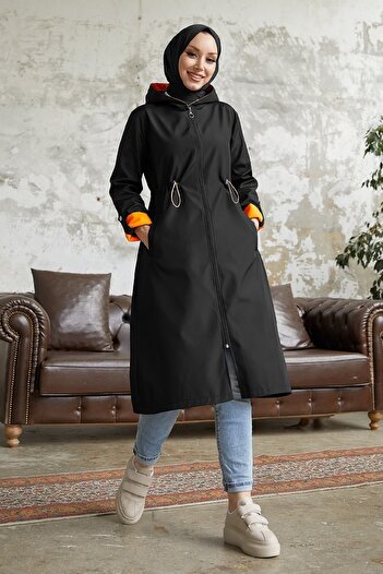 InStyle Drawstring Waist Hooded Neon Trench - Black \ Orange