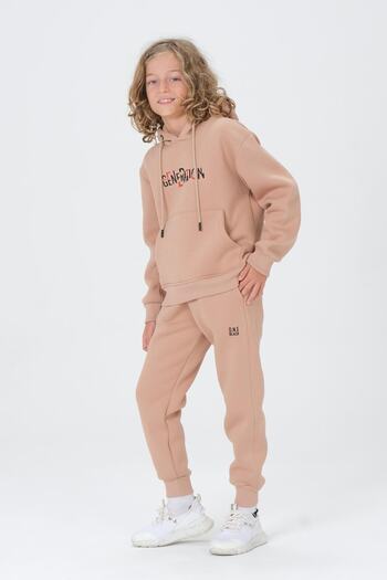 Black One Boy's Raised 3 Thread Fabric Hooded Pocket Print Detailed Double Pocket Bottom Top Tracksuit Set