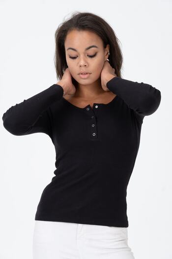 PUNKY CAT Women's Black Snap Fastener Knitted Long Sleeve Blouse
