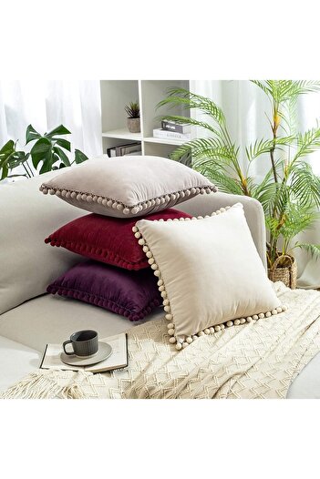 Bc Home Yılbaşı 4 Adet Ponponlu Kırlent Kılıfı Seti 4 Adet 43 X 43 Cm Kırmızı , Çam Yeşili