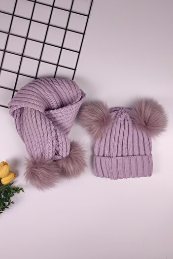 ADA BEBEK ÇOCUK Unisex Children's Double Pompom Scarf Beanie Set