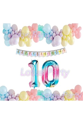 LOTUS PARTY Rainbow Concept 10 Year Old Birthday Set Figure Foil Balloon Happy Birrtday Banner Macarons Balloon Chain
