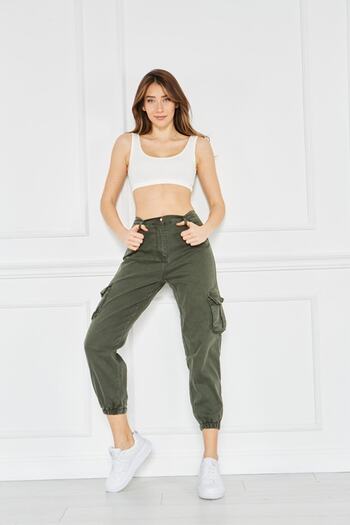 Tarz Cool Women's Khaki Jogger Leg Elastic Cargo Pocket Gabardine Women's Trousers Women's Cargo