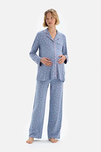 Dagi Blue Shirt Collar Pijama Top Floral Patterned Pajama Set