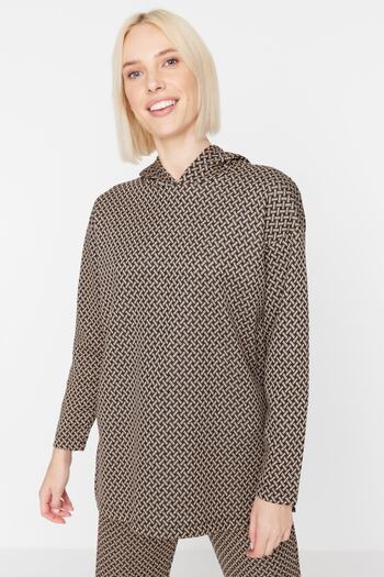 Trendyol Modest Brown Hooded Knitwear Look Sweatshirt-Pants Knitted Set TCTAW23US00222