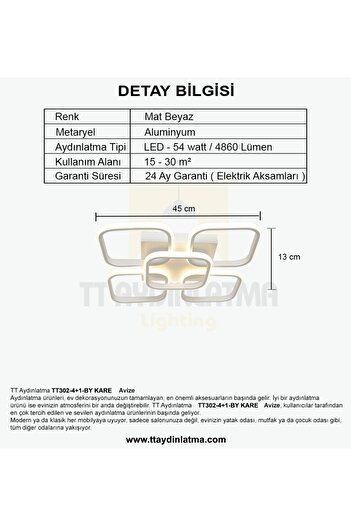 TT AYDINLATMA Tt302-4+1-by Kare Mat Beyaz 5 Li ( Gün Işığı ) Led Avize
