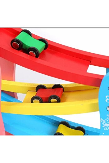 SAMTOYS Ahşap 4 Katlı Araba Yolu Araba Kaydırma Oyunu Ahşap Otoyol Oyunu Rampa Seti Hız Arabaları
