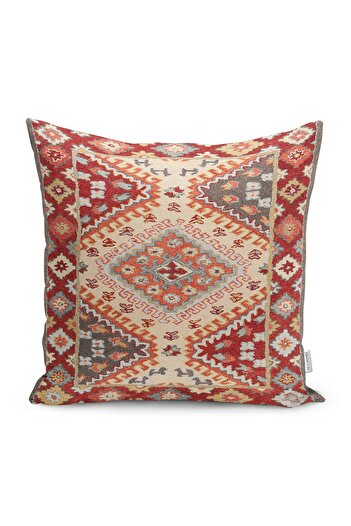 Realhomes Ethnic Motif Rug Patterned Digital Printed Pillow Cushion Cover on Red Background