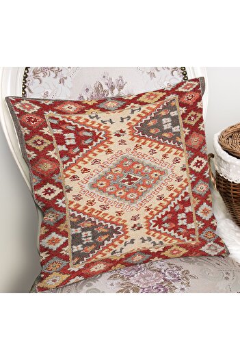 Realhomes Ethnic Motif Rug Patterned Digital Printed Pillow Cushion Cover on Red Background