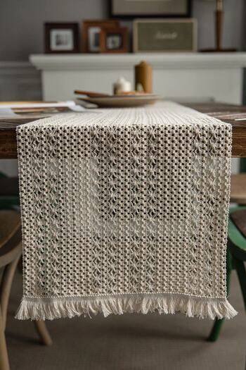 vivamaison Runner Tablecloth Raw Cotton Knitted Lace Tassels Cream 37x150 Cm
