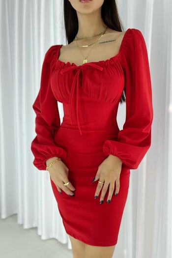 vuvutasarım New Season Stretchy Crepe Fabric Tied Strapless Collar Long Sleeve Mini Evening Dress