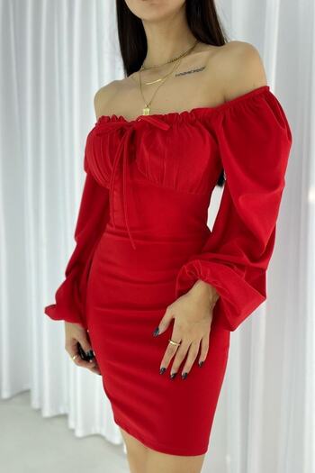 vuvutasarım New Season Stretchy Crepe Fabric Tied Strapless Collar Long Sleeve Mini Evening Dress
