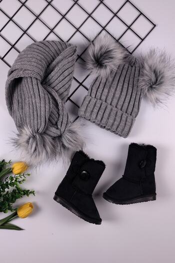 ADA BEBEK ÇOCUK Children's Boots Furry Suede Boots - Pompom Scarf Beret Set Boots Scarf Beret Set