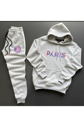 NewCabin New Season Unisex Paris Printed Grey Cotton Hoodie - Grey Cotton Sweatpants Set 2
