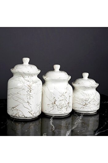 Akkoyunlu home 3 Size Marble Patterned Luxury Tea Sugar Salt Storage Jar Set (Spot Jar)