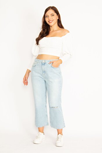 Şans Women's Large Size Blue Ripped Detailed Mom Jeans 65n34474
