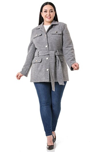 DISENTIS MODEST Large Size Shirt Collar Flap Pocket Belted Lined Gray Stamp Coat
