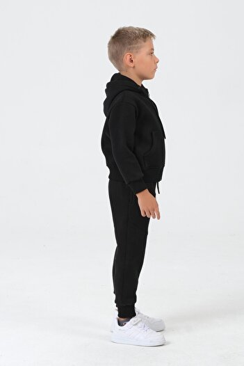 Black One Boy's Double Pocket Hooded Zippered 3 Thread Fabric Children's Tracksuit Set with Cord