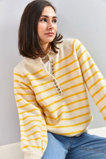 Bianco Lucci Women's Buttoned Collar Turtleneck Striped Knitwear Sweater