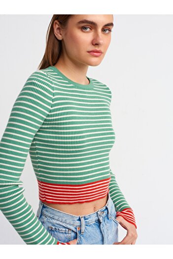 Dilvin 10234 Pulover cu dungi cu gât roșu-verde