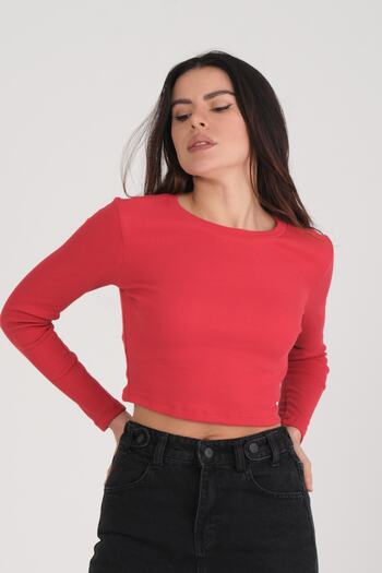 PUNKY CAT Women's Red Long Sleeve Crop Blouse