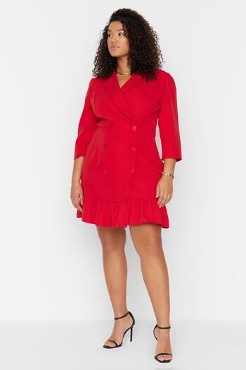Trendyol Curve Plus Size Red Three Quarter Sleeve Mini Jacket Dress - TBBAW23AH00042