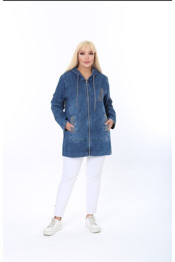 HaiModa Women's Denim Coat Large Size Stone Embroidered Hoodie