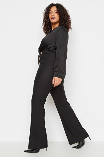Trendyol Curve Plus Size Stylish Buttoned Gathering Black Spanish Leg Trousers - TBBAW23AR00057