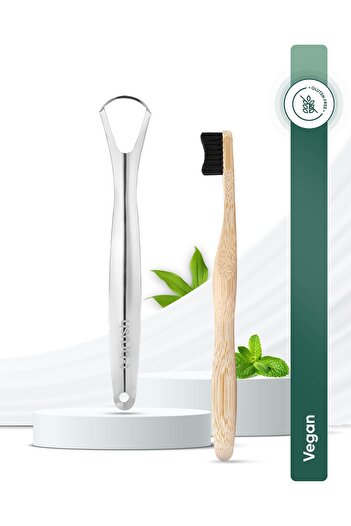 TBRUSH Dark Gray Nano Vegan Bamboo Toothbrush - Ultra Soft (Sensitive Teeth) + Stainless Steel Tongue Cleaner