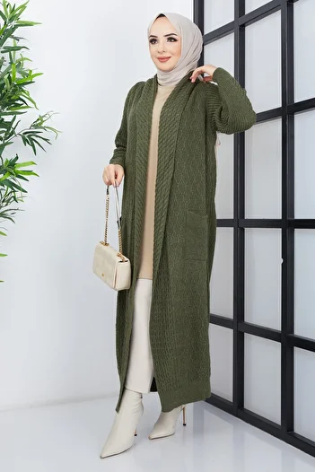 Pamuk Butik Women's Khaki Shawl Collar Knitted Detailed Pocket Knitwear Cardigan