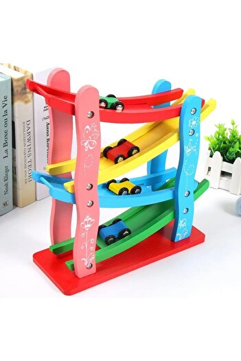 SAMTOYS Ahşap 4 Katlı Araba Yolu Araba Kaydırma Oyunu Ahşap Otoyol Oyunu Rampa Seti Hız Arabaları