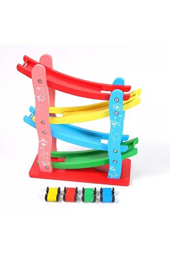 SAMTOYS Ahşap 4 Katlı Araba Yolu Araba Kaydırma Oyunu Ahşap Otoyol Oyunu Rampa Seti Hız Arabaları