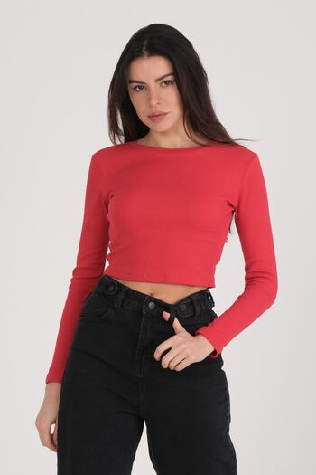 PUNKY CAT Women's Red Long Sleeve Crop Blouse