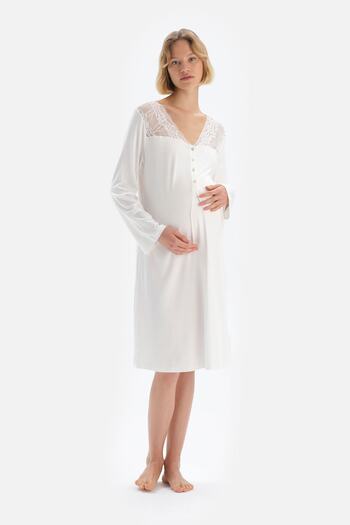 Dagi Ecru Collar Lace Garnished Nightgown