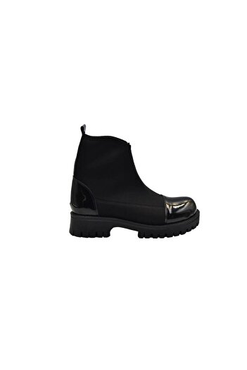 DUYGUSHOESBAG Kadın Siyah Ön Arkası Rugan Streç Kumaşlı Bot