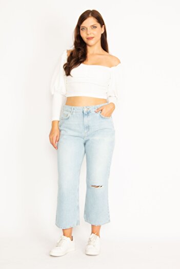 Şans Women's Large Size Blue Ripped Detailed Mom Jeans 65n34474