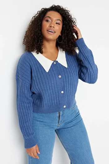 Trendyol Curve Indigo Ribbed Collar Detailed Buttoned Knitted Cardigan