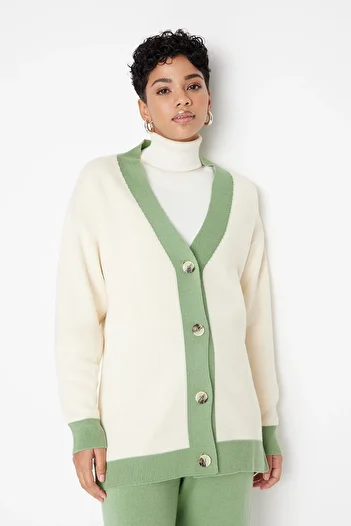 Trendyol Modest Khaki Stripe Detailed Cardigan-Pants Knitwear Set TCTAW22AU0156