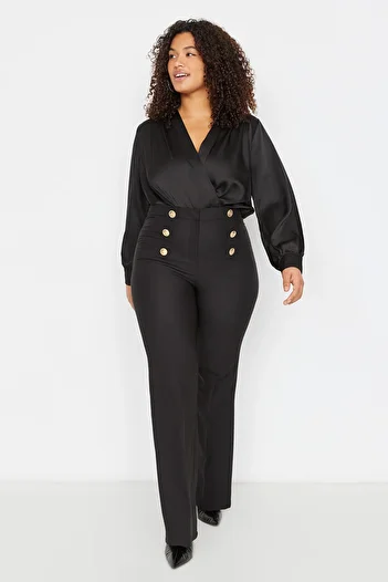 Trendyol Curve Plus Size Stylish Buttoned Gathering Black Spanish Leg Trousers - TBBAW23AR00057