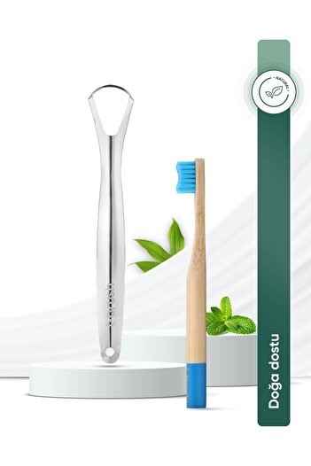 TBRUSH Blue Natural Bamboo Vegan Toothbrush - Soft (soft) + Stainless Steel Tongue Cleaner