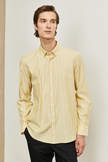 ALTINYILDIZ CLASSICS Men's Yellow-navy blue Slim Fit Narrow Cut Button Collar Striped Shirt