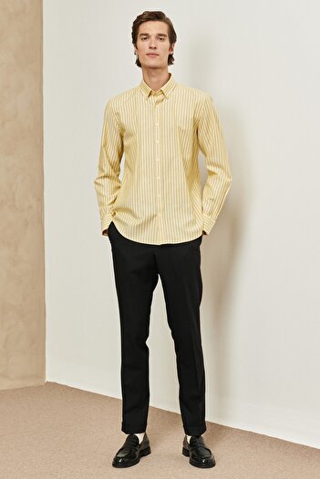 ALTINYILDIZ CLASSICS Men's Yellow-navy blue Slim Fit Narrow Cut Button Collar Striped Shirt